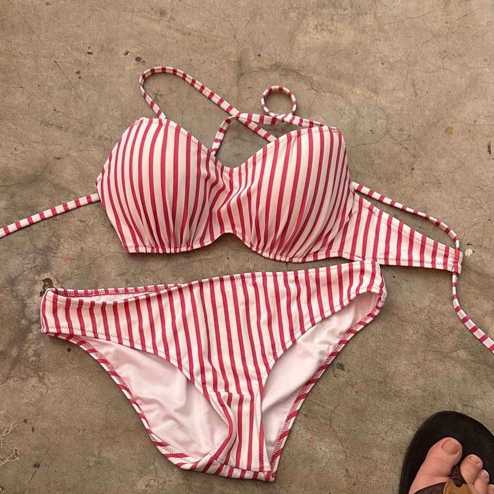 Shade & Shore Red and White Striped Bikini